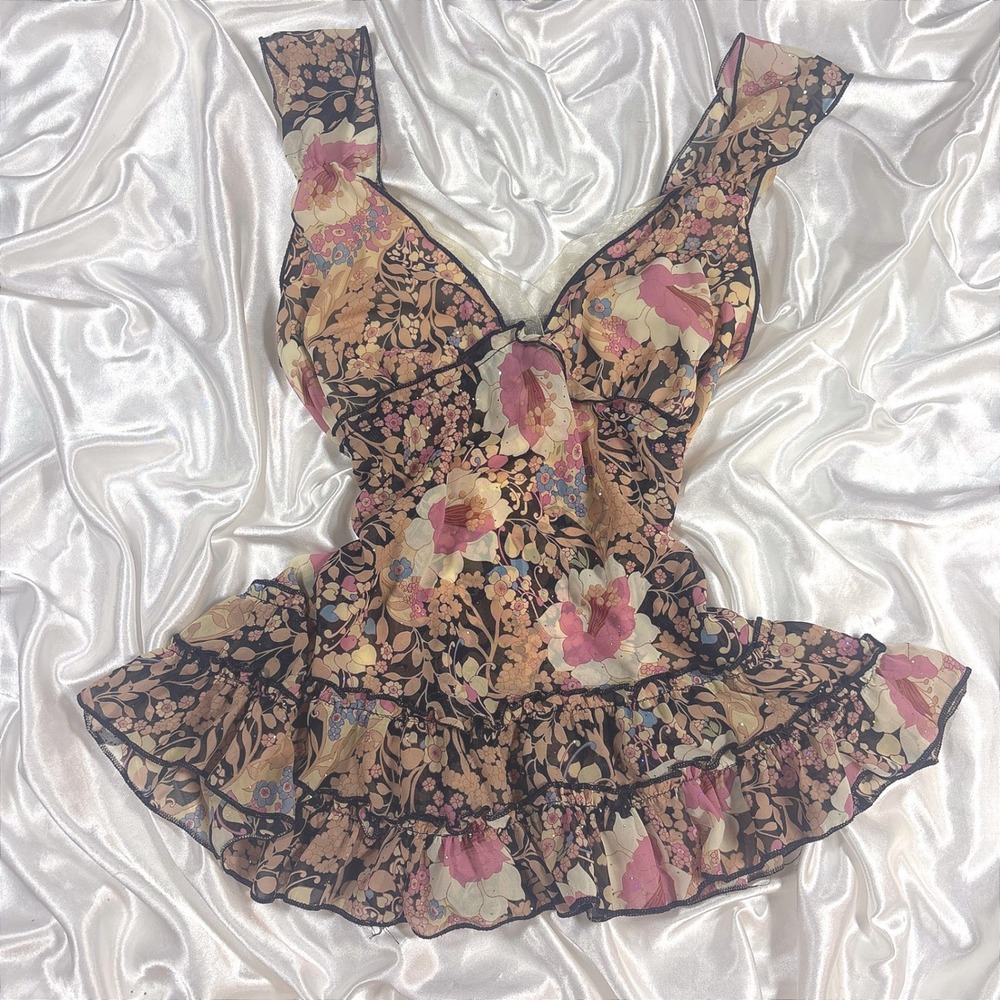 y2k Luciano Dante Cami Top Pink Brown Excellent Floral Ruffle Glitter Mesh M